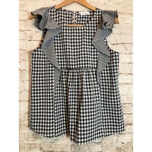 Andree By Unit Top Womens Medium Black Gingham Plaid Babydoll Flutter Sleeve